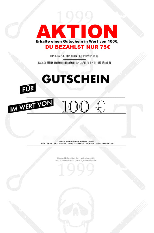 Tattoo Gutschein - Classic-Krause-Shop: Aktion kaufe ein Gutschein im Wert von 100€, DU BEZAHLST NUR 75€